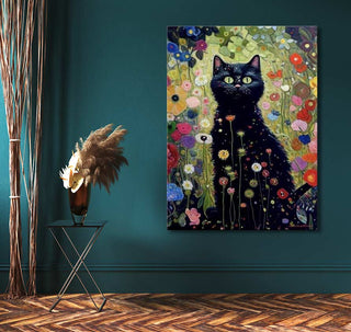 Gustav Klimt – Garden Cat 2: A hand-painted oil on canvas featuring a black cat among vibrant flowers, styled with thick brushstrokes, ready to hang.