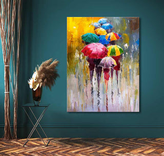 Ten Couples and a Single - Oil on canvas, 90x120cm: Impressionistic scene of figures with umbrellas in rain, vibrant reflections captured on high-quality, museum-grade canvas.