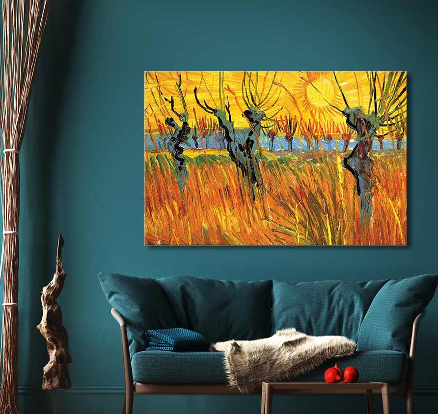 Tweedelig schilderij van Vincent van Gogh, Knotwilgen, in impastostijl boven een teal bank. Beschikt over UV-bescherming en museumkwaliteit canvas.