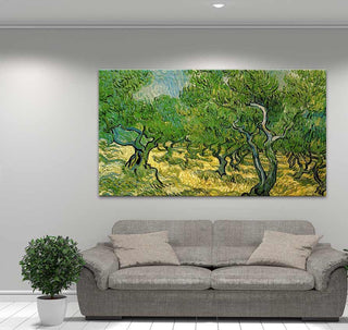 Vincent van Gogh - Olijfboomgaard: Handgeschilderd olieverfschilderij met impressionistische olijfbomen, opgespannen op houten frame. Ideaal voor moderne interieurs. Inclusief ophangsysteem.