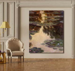 Tufted armchair en Monet's Lotusbloemen bij Ardèche schilderij, impressionistische waterlelies op museumkwaliteit canvas, klaar om op te hangen.