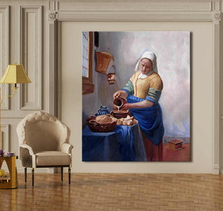 Johannes Vermeer – Het Melkmeisje: Handgeschilderd olieverfschilderij, toont een dienster die melk inschenkt. Opgespannen canvas, klaar om op te hangen.
