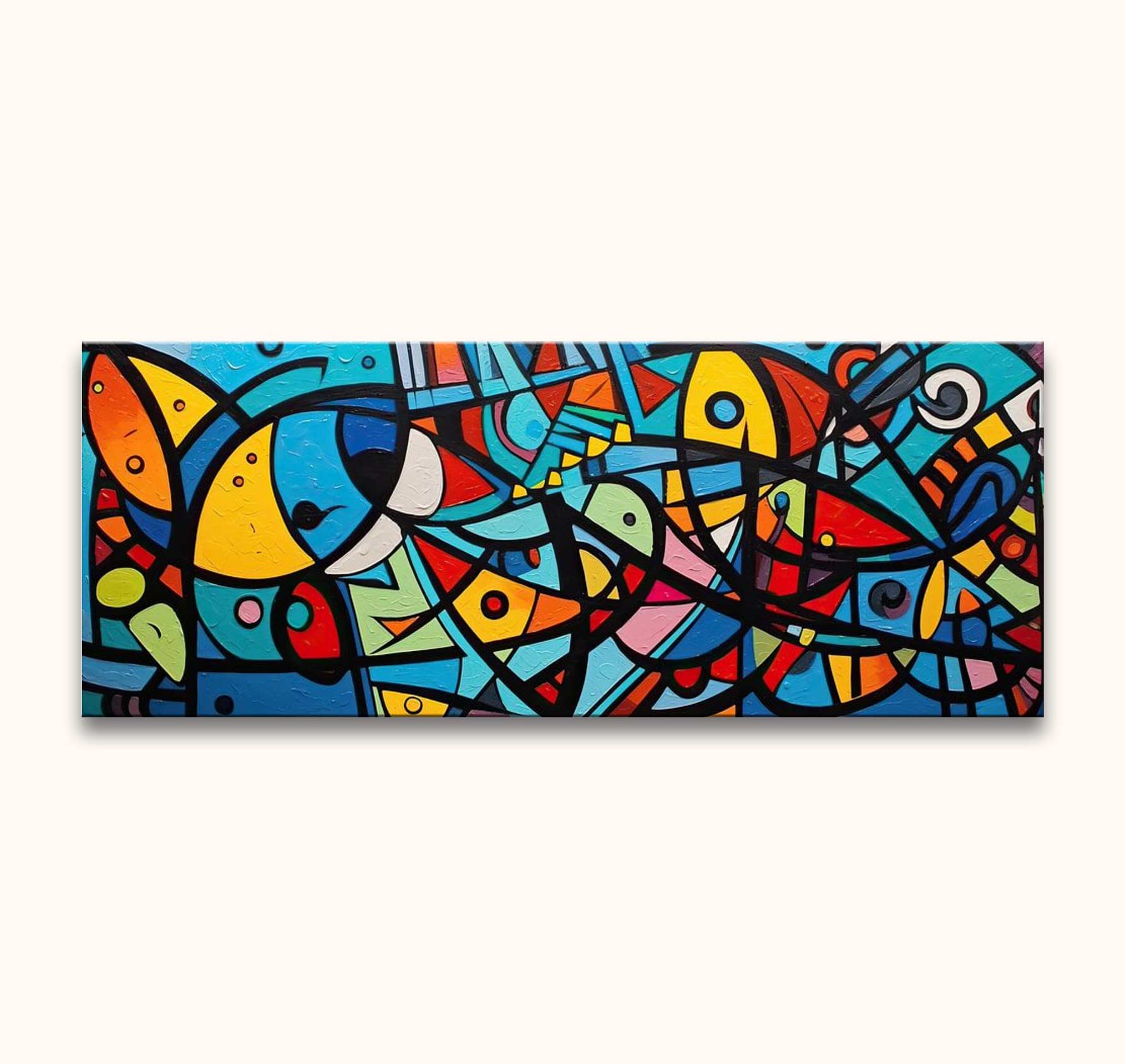 Picasso signature - De tijd in Arles: Abstract olieverfschilderij met kubistische vormen, levendige kleuren en zwarte lijnen. Geïnspireerd door Picasso's Arles-periode, inclusief ophangsysteem.