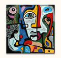 Picasso signature - Petronella: Abstract kubistisch schilderij van twee gezichten met kleurrijke, geometrische vlakken. Uitbundige expressie en levendige energie, klaar voor directe ophanging.