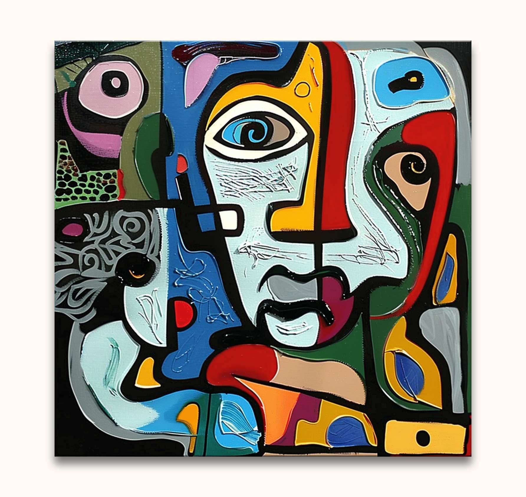 Picasso signature - Petronella: Abstract kubistisch schilderij van twee gezichten met kleurrijke, geometrische vlakken. Uitbundige expressie en levendige energie, klaar voor directe ophanging.