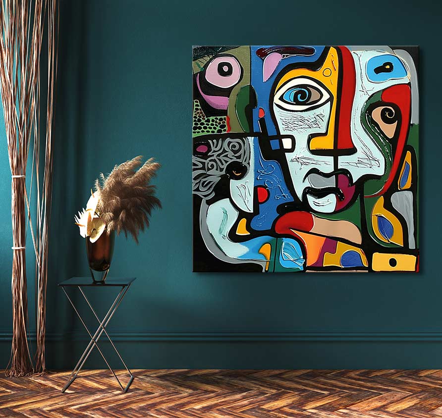 Abstract schilderij Petronella in kubistische stijl, geïnspireerd door Picasso, hangt aan een teal muur; omlijst door moderne interieurelementen zoals metalen bijzettafel en pampasgras.