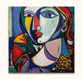 Cubist-style portrait, Picasso signature - Vrouw met Peren, featuring a geometric woman’s face with bold colors and textures, hand-painted on canvas.