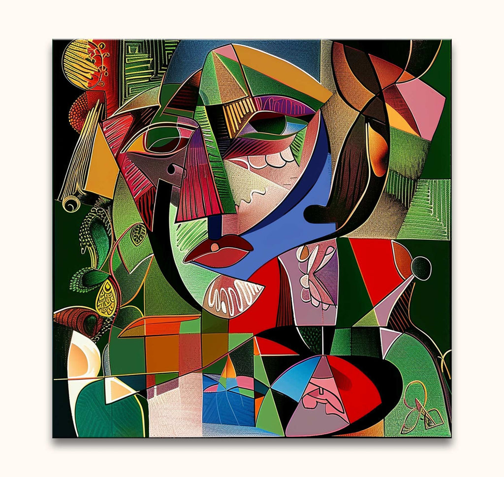 Picasso signature - Vrouw met Kraai: Abstract cubist artwork depicting a fragmented female face with crow, showcasing vibrant geometric shapes on canvas. Ready-to-hang.