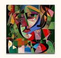 Picasso signature - Vrouw met Kraai: Abstract cubist artwork depicting a fragmented female face with crow, showcasing vibrant geometric shapes on canvas. Ready-to-hang.