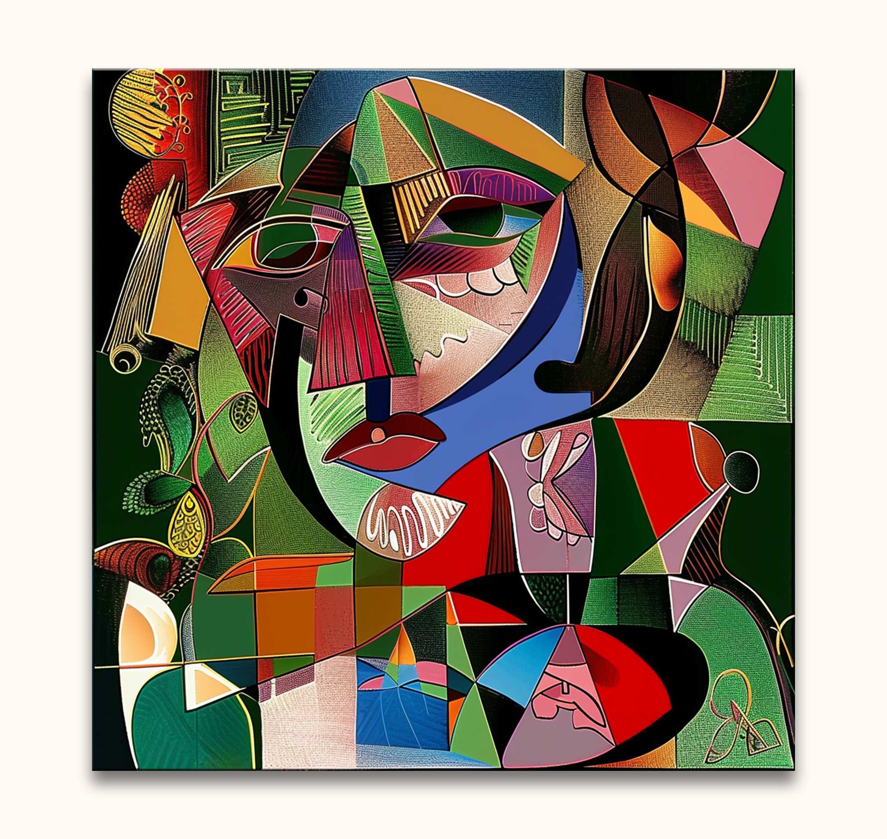 Picasso signature - Vrouw met Kraai: Abstract cubist artwork depicting a fragmented female face with crow, showcasing vibrant geometric shapes on canvas. Ready-to-hang.