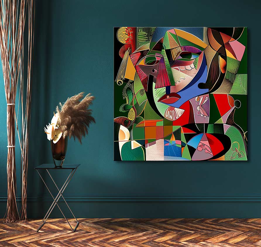 Picasso signature - Vrouw met Kraai: Hand-painted abstract oil painting featuring a stylized woman and crow in vibrant geometric patterns, perfect for modern interiors.