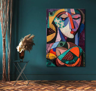 Picasso signature - The Weeping Woman: A vibrant cubist painting depicting Dora Maar, expertly blending colors and shapes, mounted in a modern interior with natural textures.