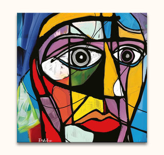 Cubist-style painting titled Picasso signature - Abstract Portret, featuring a vibrant human face with geometric planes and bold colors, reminiscent of Picasso's style.