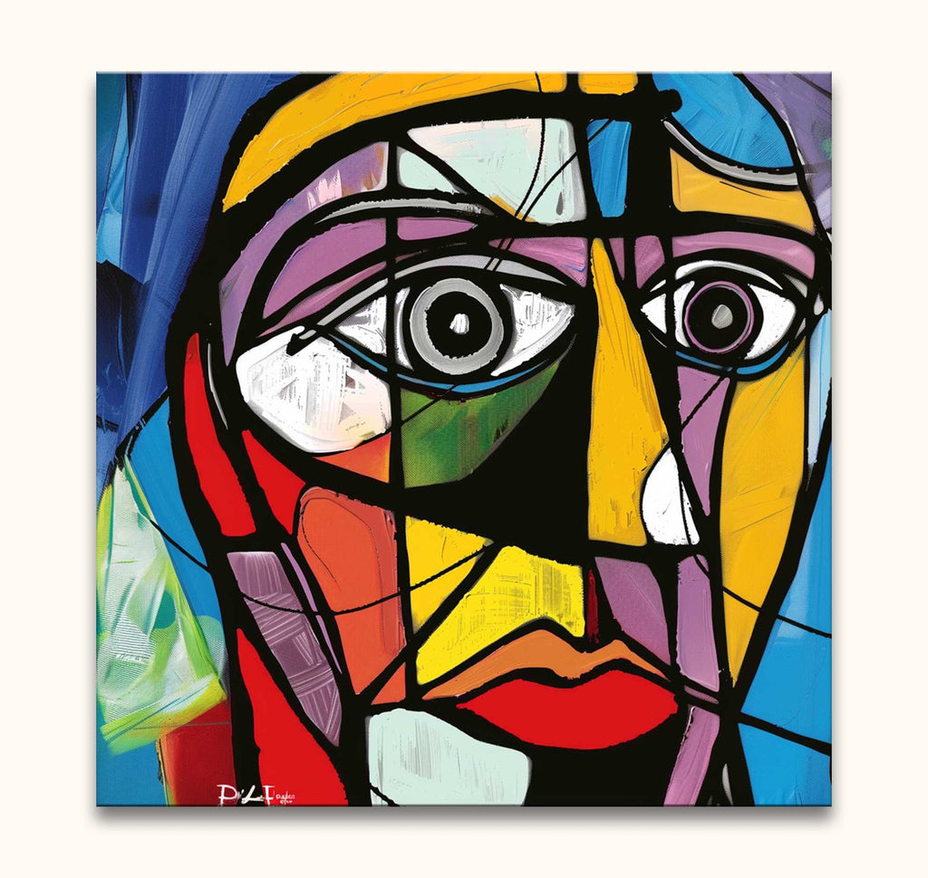 Cubist-style painting titled Picasso signature - Abstract Portret, featuring a vibrant human face with geometric planes and bold colors, reminiscent of Picasso's style.