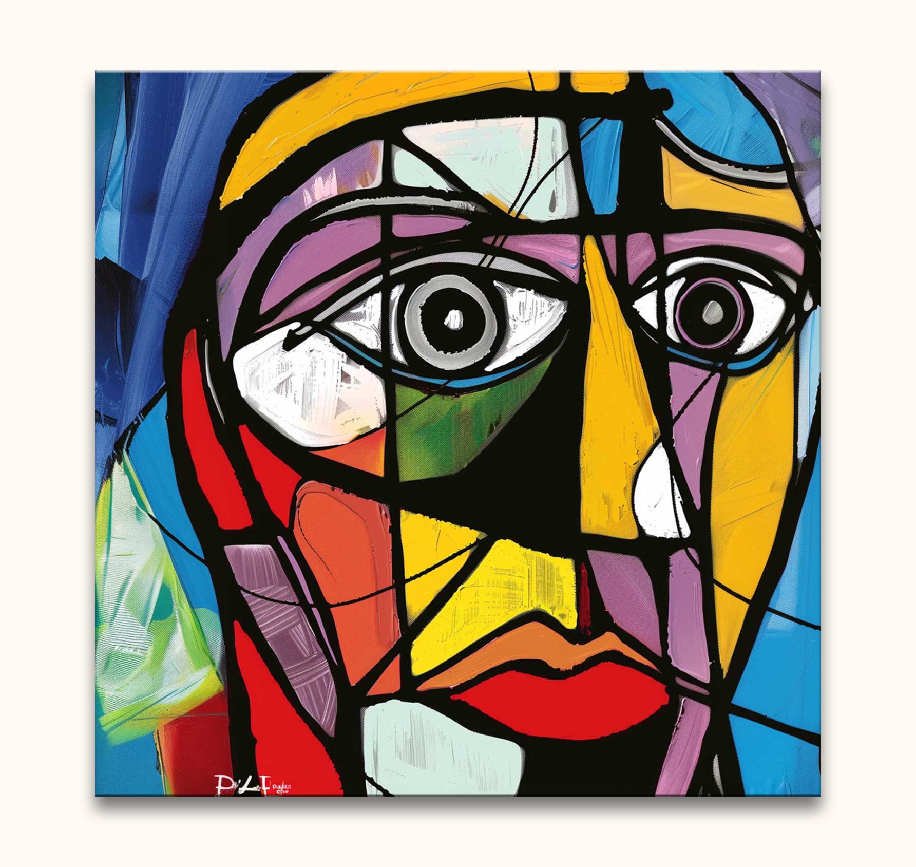 Cubist-style painting titled Picasso signature - Abstract Portret, featuring a vibrant human face with geometric planes and bold colors, reminiscent of Picasso's style.