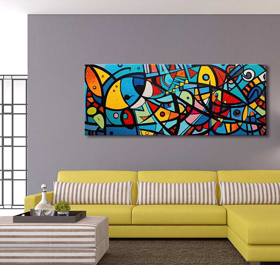 Handgeschilderd schilderij 'De Tijd in Arles' van Picasso, abstract olieverfwerk met kubistische vormen, centraal in een moderne woonkamer met gele bank. Verspreidt vitale energie.