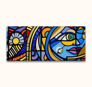 Abstract oil painting titled 'La Vie' with Picasso signature, featuring geometric shapes and a stylized face. Hand-painted on museum-quality, UV-protected canvas.
