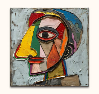 Picasso signature - Le Lapin Agile: Abstract cubist-style oil painting of a human profile with geometric color planes, inspired by Picasso, on museum-quality canvas.