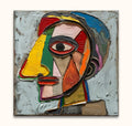 Picasso signature - Le Lapin Agile: Abstract cubist-style oil painting of a human profile with geometric color planes, inspired by Picasso, on museum-quality canvas.