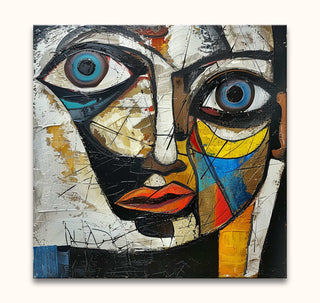 Cubist-inspired portrait Picasso signature - Femme a la Resille with bold geometric colors, oversized eyes, and expressive brushstrokes, ready to hang.