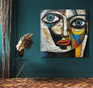 Cubist-style portrait Femme a la Resille by Picasso signature, mounted on teal wall, with side table holding a vase of pampas grass, enhancing modern interiors.