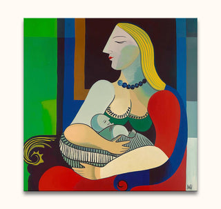 Picasso signature - La Reve: Modern oil painting depicting a seated woman breastfeeding, using cubist shapes and bold colors, capturing a stylized mother and child theme.