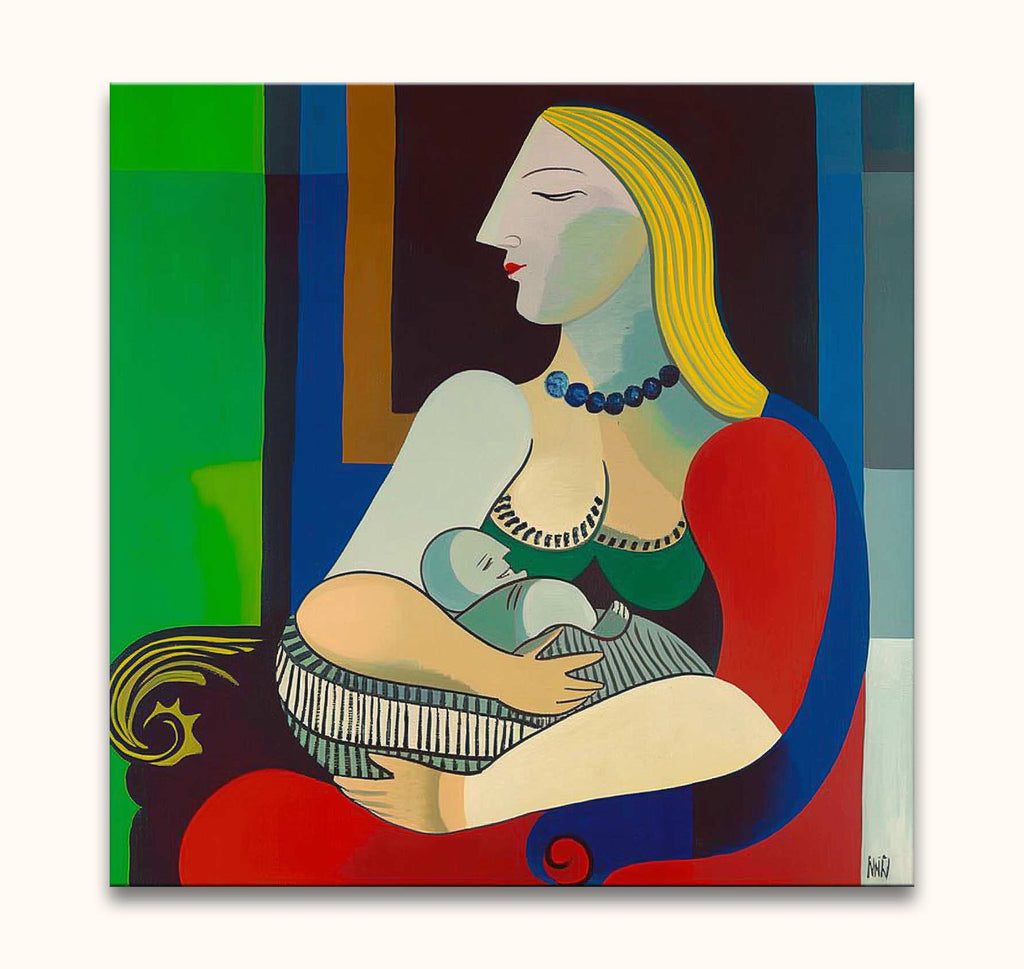 Picasso signature - La Reve: Modern oil painting depicting a seated woman breastfeeding, using cubist shapes and bold colors, capturing a stylized mother and child theme.
