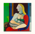 Picasso signature - La Reve: Modern oil painting depicting a seated woman breastfeeding, using cubist shapes and bold colors, capturing a stylized mother and child theme.