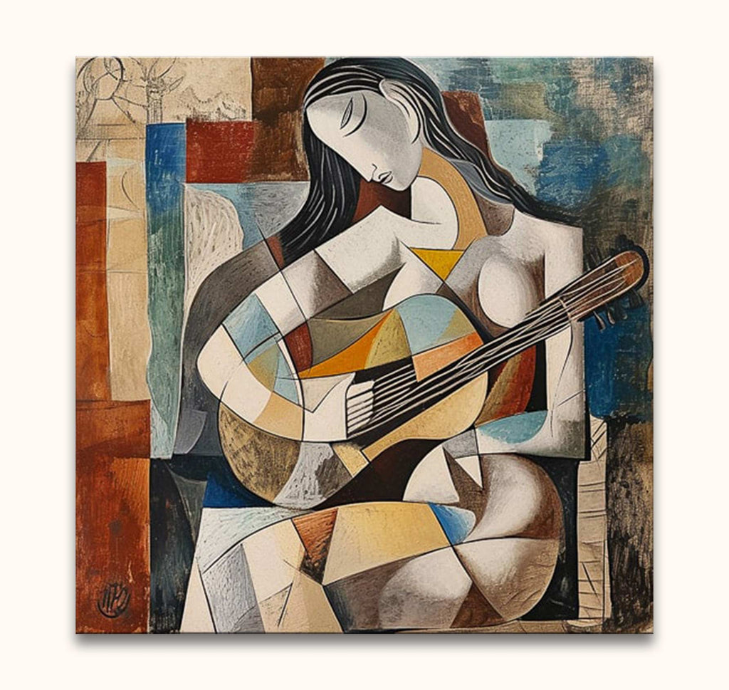 Ranucia speelt gitaar in een abstract kubistisch schilderij geïnspireerd door Picasso, met geometrische vormen en warme kleuren. Handgeschilderd olieverf op museumkwaliteit canvas.