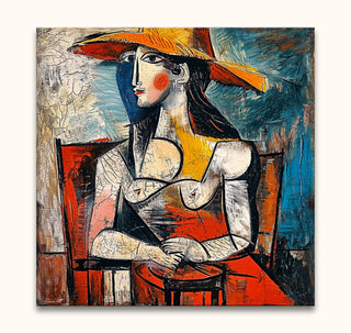 Cubistische schilderij van een zittende vrouw met hoed, Natalia met Hoed door Picasso. Expressieve olieverf op doek, ideaal voor moderne kunstliefhebbers.