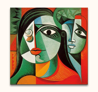Twee overlappende gezichten in Cubistische stijl, geïnspireerd door Picasso. Olieverfschilderij Josephine in Rood, strak opgespannen, klaar om op te hangen.