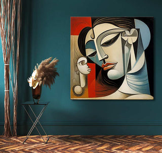Cubist-style painting titled Dreaming Woman, featuring abstract faces, hangs on a teal wall with a herringbone floor. Picasso signature. Ideal for modern interiors.