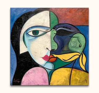 Twee vervlochten gezichten in kubistische stijl, geïnspireerd door Picasso. Handgeschilderd olieverfportret, perfect voor moderne kunstliefhebbers.