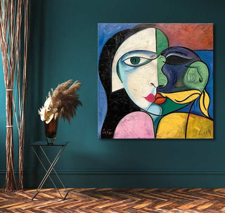 Twee interlockende gezichten in cubistische stijl. Handgeschilderd schilderij Picasso signature - La Toilette op houten frame met UV-bescherming, klaar om op te hangen.