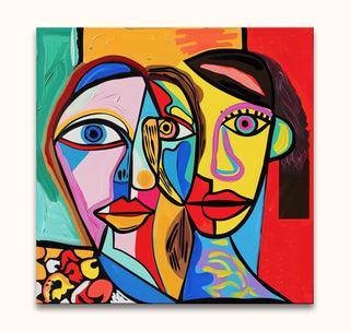 Cubist-style oil painting Picasso signature - Twee Vrouwen depicts two abstract female profiles with geometric shapes and bold outlines, emphasizing modern expressive art.