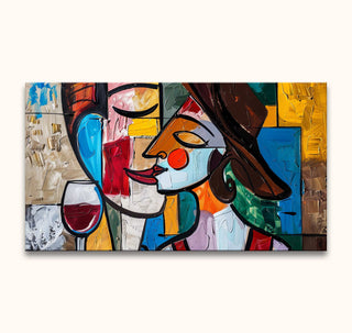 Abstract cubist painting Wine Lovers with Picasso signature, depicting two stylized profiles leaning to kiss, includes wine glass. Vibrant and expressive, ready to hang.