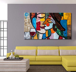 Picasso signature - Wine Lovers: A vibrant cubist painting of two faces and a wine glass, enhancing a modern living room with expressive abstract art.