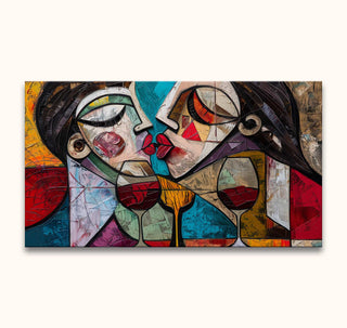 Picasso signature - Wine Lovers 2: Two abstract faces in cubist style with wine glasses, hand-painted on canvas, capturing an intimate, modern art vibe.