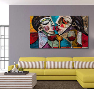 Picasso signature - Wine Lovers 2: Cubist-style painting of two faces kissing, with wine glasses. Hand-painted on museum-quality canvas, stretched over a wood frame.