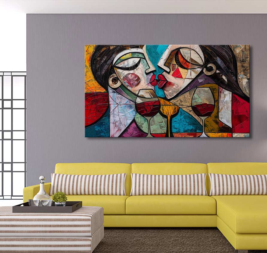 Picasso signature - Wine Lovers 2: Cubist-style painting of two faces kissing, with wine glasses. Hand-painted on museum-quality canvas, stretched over a wood frame.