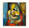 Cubist-style painting, Twee Wenende Vrouwen, inspired by Picasso, depicting two abstracted female figures with geometric planes and vibrant colors. Hand-painted on canvas.