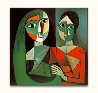 Cubist-style painting featuring two women, titled Picasso signature - Hartsvriendinnen, showcasing angular forms and bold colors, echoing Picasso's abstract influence.