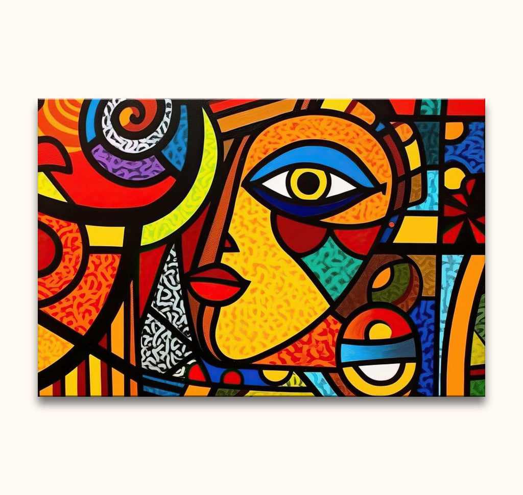 Cubistisch schilderij 'Catarina' met abstracte vormen en een opvallend profiel van een gezicht, geïnspireerd door Picasso, op een kleurrijk, expressief doek.