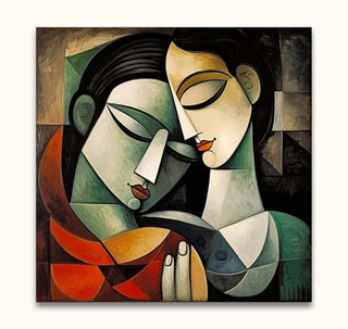 Cubist painting Picasso signature - True Lovers depicts two intertwined figures in geometric forms, showcasing intimate connection and modern artistry. Ideal for art enthusiasts.