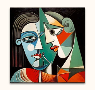Cubist-style portrait Picasso signature - True Lovers 2 depicting two abstract faces, hand-painted with vibrant geometric shapes, perfect for modern interior decor.