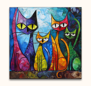 Picasso signature - Cat Lovers 1: Abstract oil painting of five stylized cats in vibrant colors, showcasing modern cubist style, perfect for art enthusiasts.