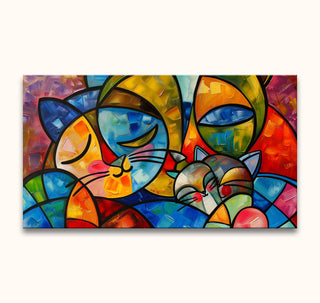 Picasso signature - Cat Lovers 2: Abstract cubist painting of three cuddling cats, vibrant colors, hand-painted on museum-quality canvas, ready to hang.