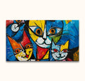 Abstract painting featuring three stylized, playful cats in bold geometric colors, titled Picasso Signature - Cat Lovers 4, showcasing cubist artistry.