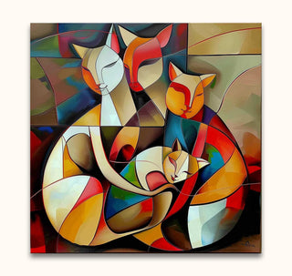 Cubist-inspired painting Picasso signature - Cat Lovers 6 featuring four abstract cats in vibrant geometric shapes. Hand-painted, ready to hang, with UV protection.