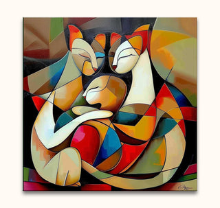 Cubist-style painting, Picasso Signature - Cat Lovers 7, depicts three abstract cats intertwined. Hand-painted, ready-to-hang, crafted with high-quality materials.